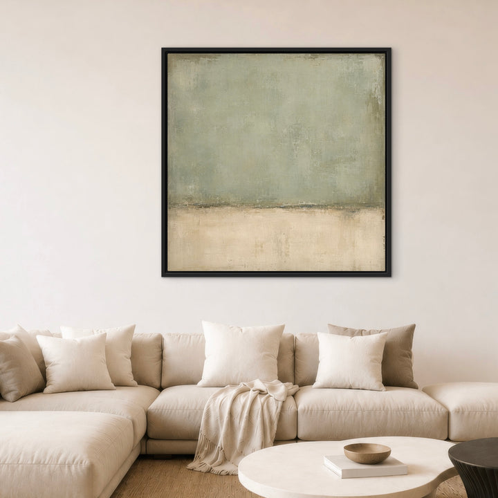 Lichen Field square green wall art above a cream sofa