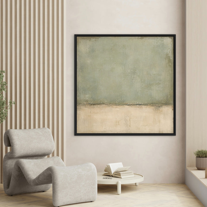 Lichen Field square sage abstract framed canvas in a luxury neutral interior