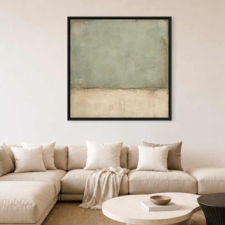 Textured Lichen Field square framed canvas in a neutral living room