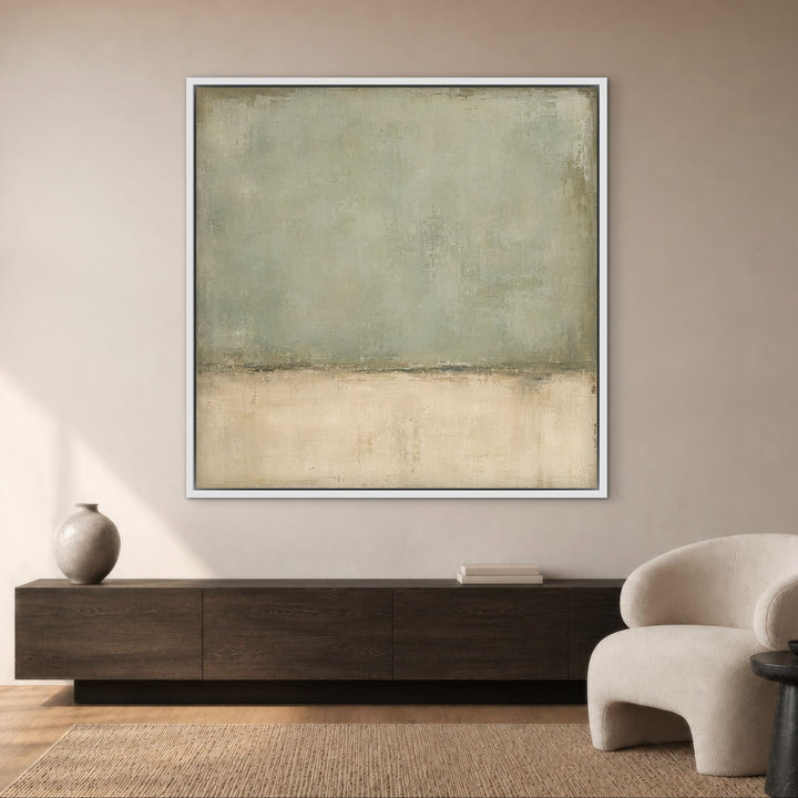Lichen Field square canvas shown in a white wooden frame