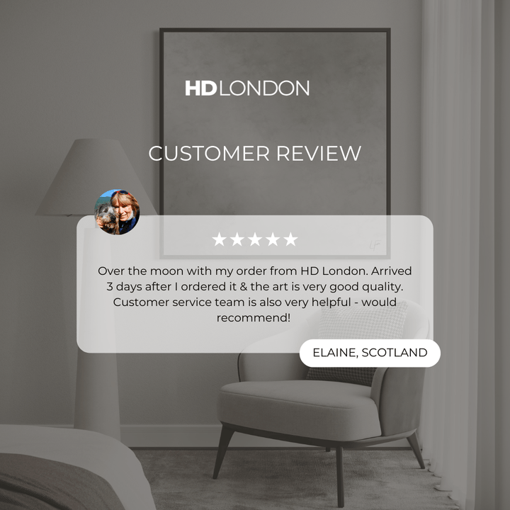 Client Review For Modern Home Decor Wall Art Styled With A Soft Gray Accent Chair, Houndstooth Pillow, Tall Sculptural Floor Lamp, And Sheer White Curtains. Perfect For A Calm Contemporary Bedroom.