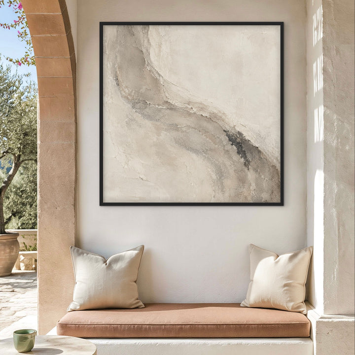 Limestone Current neutral abstract framed canvas in a sunlit luxury interior