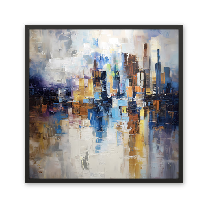 Manhattan Mist city abstract framed canvas — black frame, front view