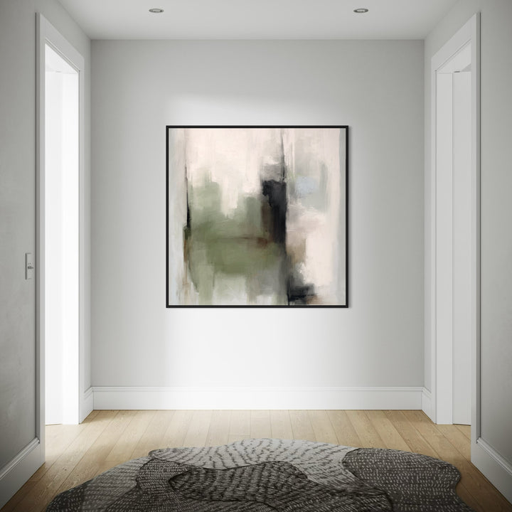 Minimalist Abstract Wall Decor Styled With A White Hallway, Light Wood Floors, Recessed Lighting, And A Textured Gray Rug. Perfect For An Entryway or Hallway