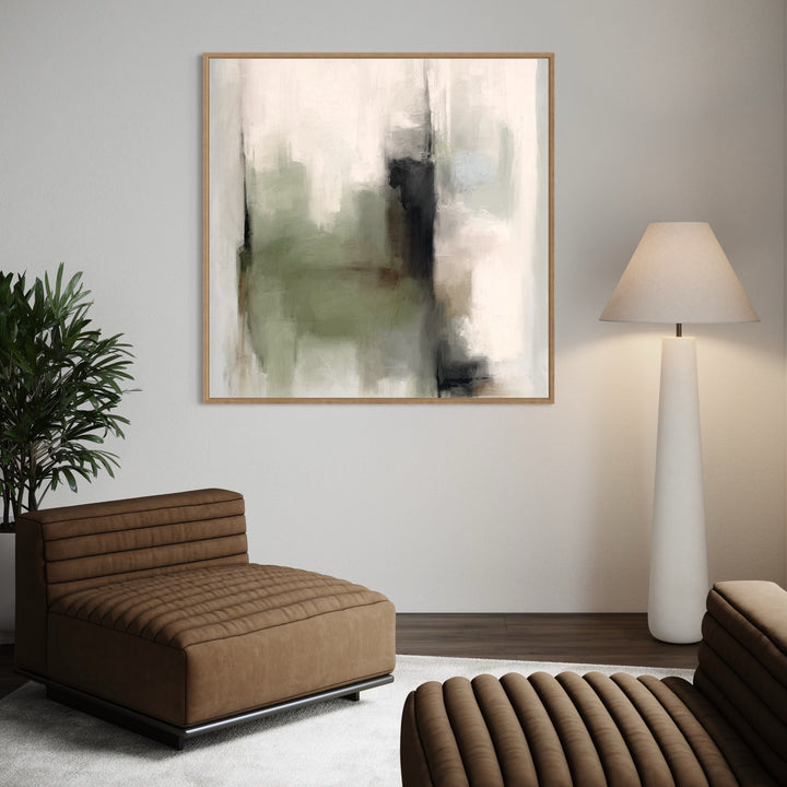 Minimalist Abstract Wall Decor Styled With Brown Lounge Chairs, A White Floor Lamp, A Light Wood Frame, And A Soft White Rug With Greenery. Perfect For A Living Room or Lounge