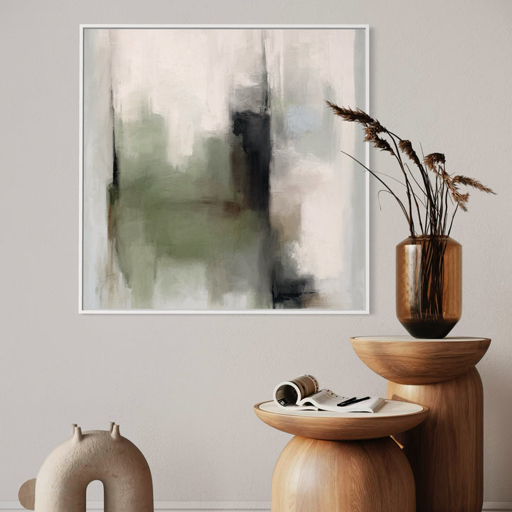 Minimalist Abstract Wall Decor Styled With Round Wood Pedestal Tables, An Amber Glass Vase With Dried Stems, And A Sculptural Ceramic Accent. Perfect For A Living Room or Entryway