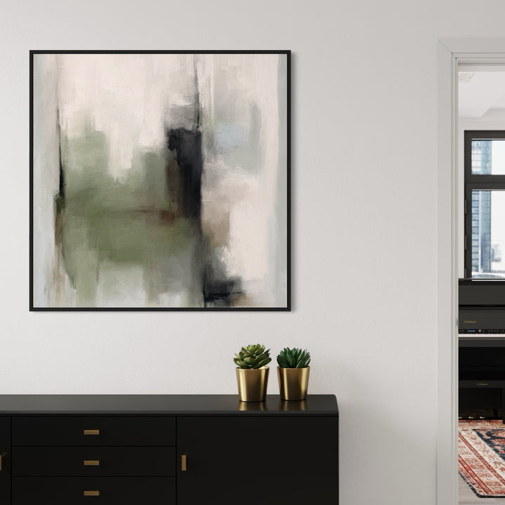 Minimalist Abstract Wall Decor Styled With A Black Sideboard, Gold Hardware, Small Green Plants, And A Clean White Wall. Perfect For An Entryway or Hallway
