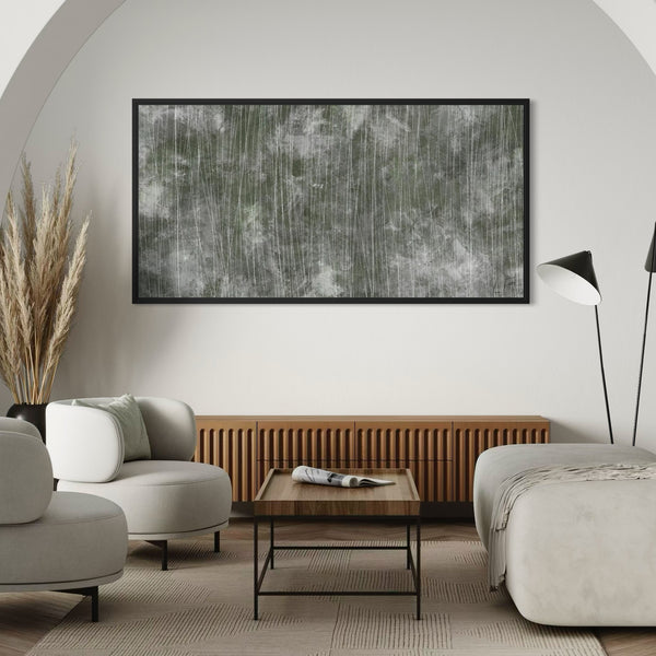 Minimalist Framed Canvas Wall Art Style Styled With Curved Cream Lounge Chairs, A Wooden Coffee Table, And A Slatted Media Console. Perfect For A Cozy Contemporary Living Room.