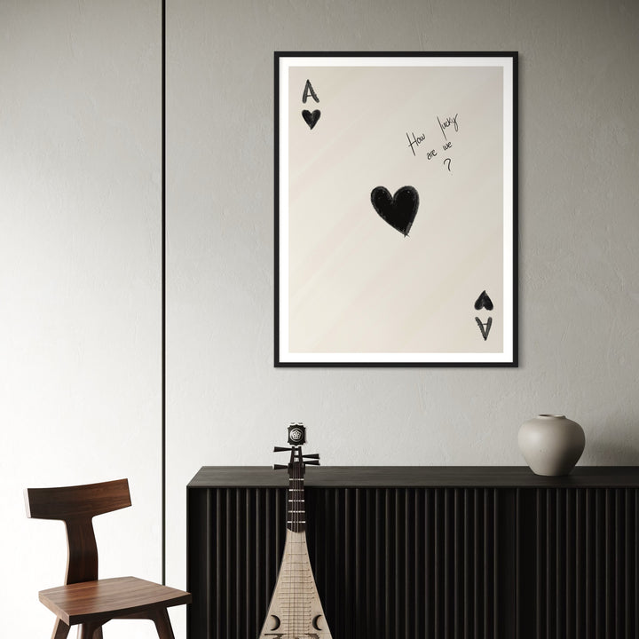 Ace Of Hearts Minimalist Print – Modern Minimal Style Styled With A Black Fluted Sideboard, Walnut Wood Chair, Neutral Ceramic Vase, And A Sculptural String Instrument. Perfect For An Entryway or Music Room,
