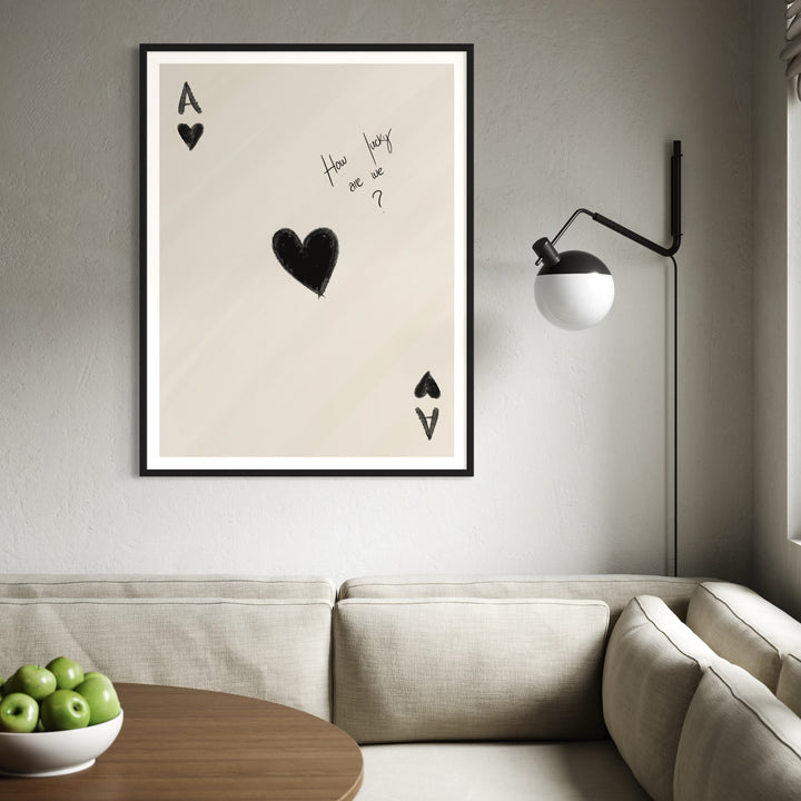 Ace Of Hearts Minimalist Print – Modern Minimal Style Styled With A Cozy Banquette Dining Nook, Round Wood Table With Green Apples, And A Black-And-White Wall Sconce. Perfect For A Kitchen Breakfast Corner