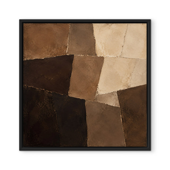 Mocha Mosaic brown patchwork framed canvas, black frame, front view