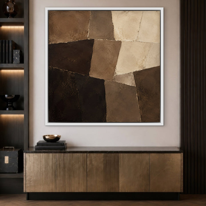 Mocha Mosaic brown patchwork framed canvas with dark shelves, white frame