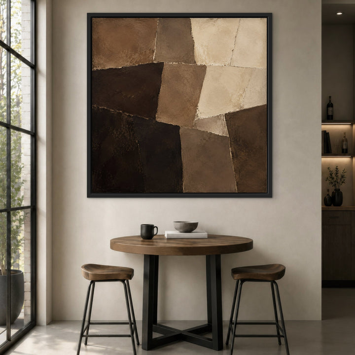 Mocha Mosaic brown patchwork framed canvas in dining nook, black frame