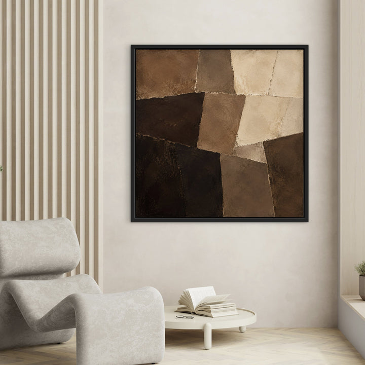 Mocha Mosaic brown patchwork framed canvas by slatted wall, black frame