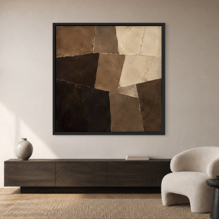 Mocha Mosaic brown patchwork framed canvas above TV unit, black frame