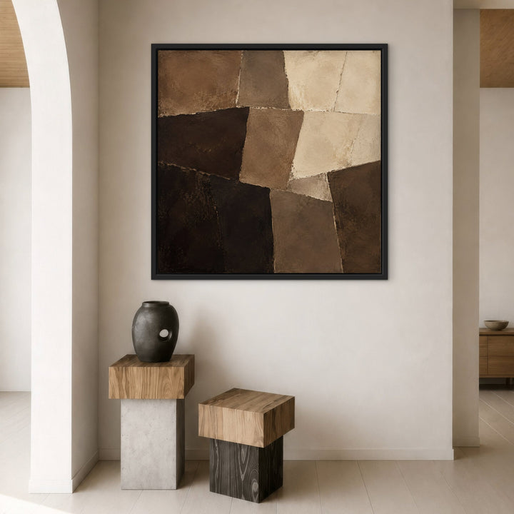 Mocha Mosaic brown patchwork framed canvas with wood stools, black frame