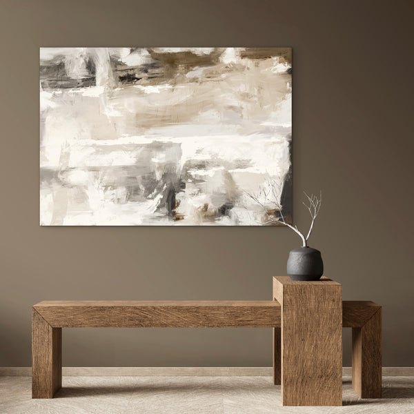 Minimalist Wall Art Styled With A Sienna-Brown Wall, Sculptural Solid-Wood Bench, Pedestal Table, And Charcoal Vase With Bare Branches. Perfect For A Contemporary Entryway or Hallway