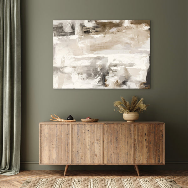 Modern Abstract Art Style Styled With Rustic Wood Sideboard, Wooden Bowls, And A Neutral Vase With Dried Stems. Perfect For A Cozy Entryway, Or Earthy Living Space