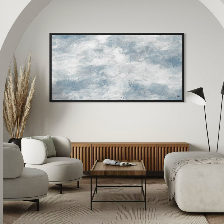 Elegant Abstract Art Modern Wall Decor Styled With Curved Cream Lounge Chairs, A Wooden Slatted Console, And A Modern Wood Coffee Table. Perfect For A Minimalist Living Room.