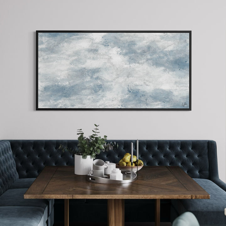 Elegant Abstract Art Modern Wall Decor Styled With A Tufted Navy Dining Bench, Wooden Dining Table, And Modern Table Decor. Perfect For A Minimalist Dining Room.