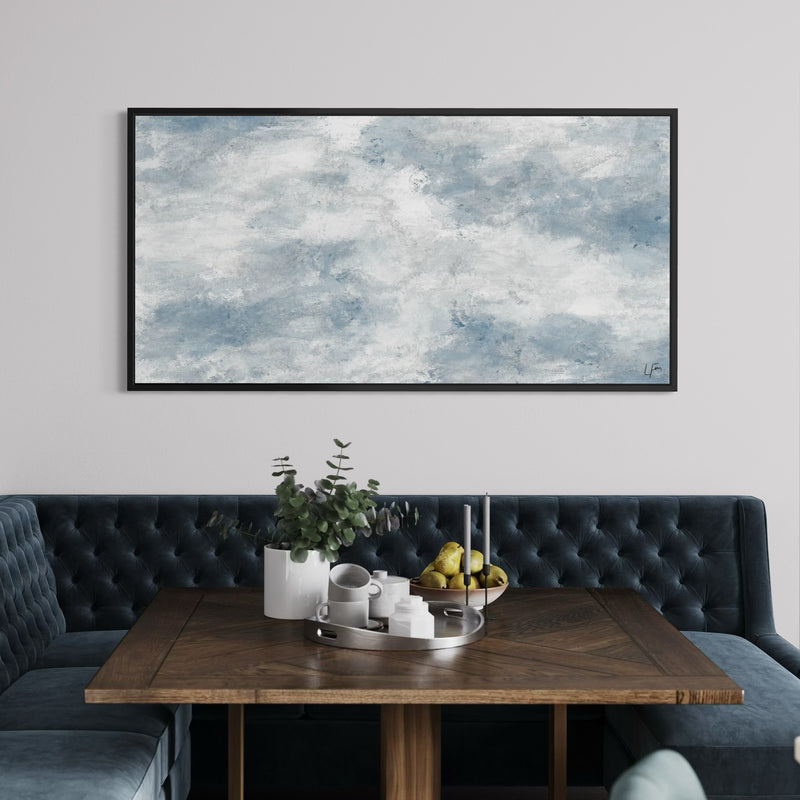 Elegant Abstract Art Modern Wall Decor Styled With A Tufted Navy Dining Bench, Wooden Dining Table, And Modern Table Decor. Perfect For A Minimalist Dining Room.