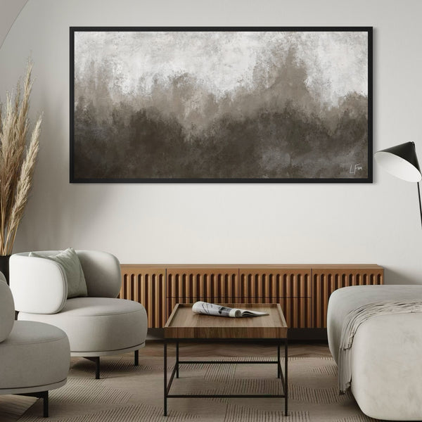 Modern Abstract Framed Canvas Wall Art Styled With Curved Cream Lounge Chairs, A Wooden Slatted Console, And A Modern Wood Coffee Table. Perfect For A Minimalist Living Room.