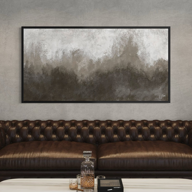 Modern Abstract Framed Canvas Wall Art Styled With A Brown Leather Chesterfield Sofa, Marble Coffee Table, And Glass Decanter. Perfect For A Modern Living Room
