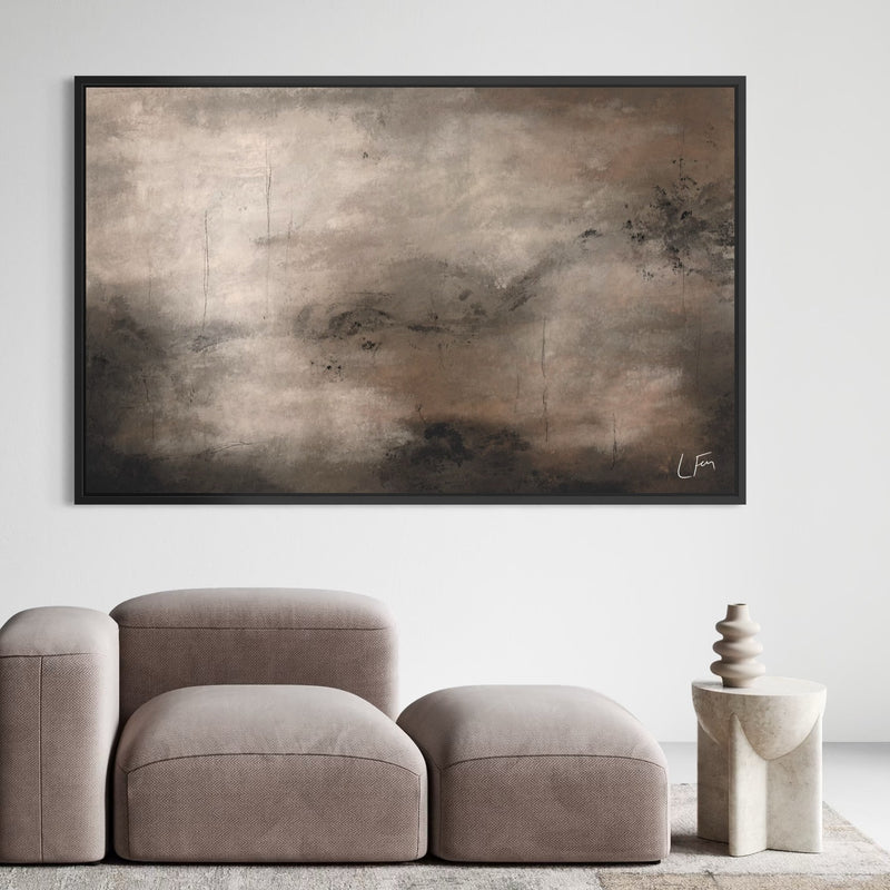 Modern Minimal Abstract Wall Art Styled With A Taupe Modular Sofa, Sculptural Stone Side Table, And A Soft Neutral Rug. Perfect For A Contemporary Living Room.