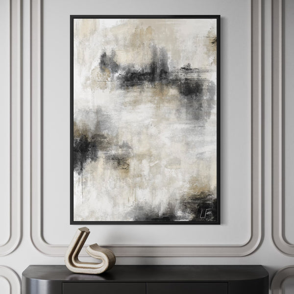 Modern Abstract Wall Art Styled With A Black Console Table And Sculptural Ceramic Decor. Perfect For A Contemporary Living Room.