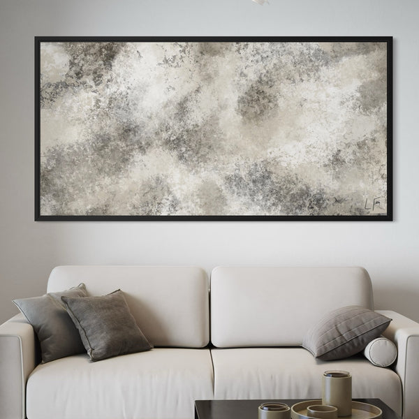 Minimalist Framed Abstract Art Canvas Style Styled With A Cream Sofa, Grey Accent Pillows, And A Sleek Black Coffee Table. Perfect For A Contemporary Living Room.