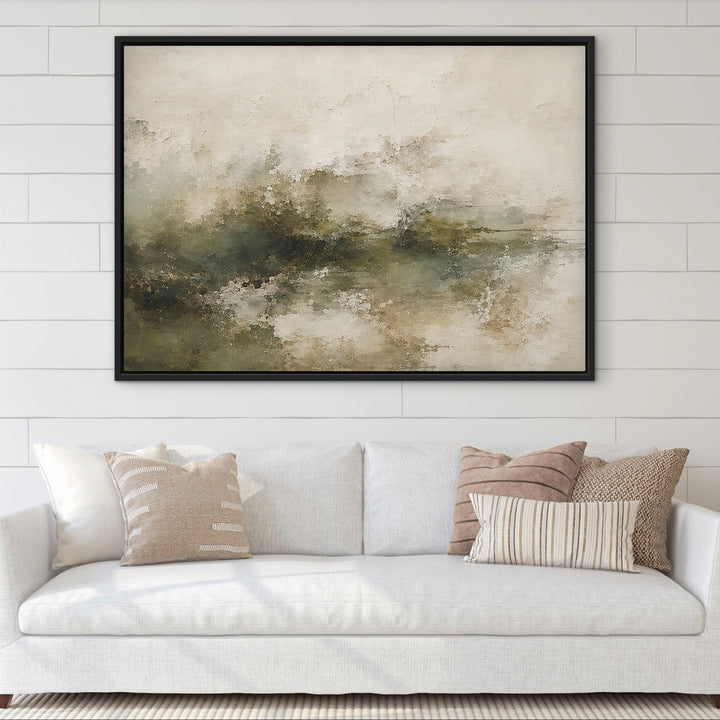 Moss Veil green neutral textured landscape framed canvas above a cream sofa