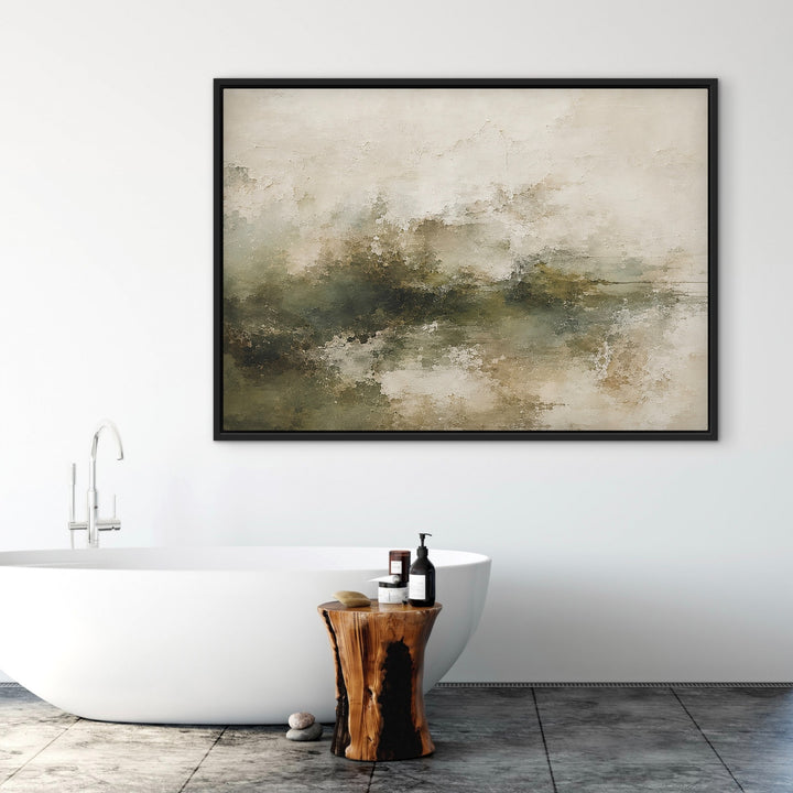Moss Veil sage and cream landscape framed canvas in a luxury bathroom