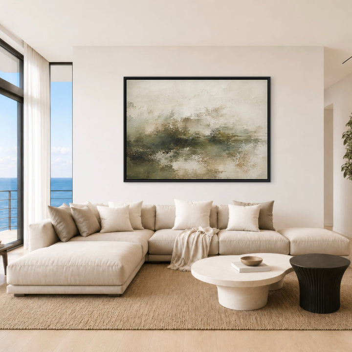 Moss Veil sage and cream landscape framed canvas in a bright living room
