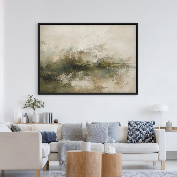 Moss Veil textured green neutral landscape framed canvas above a sofa