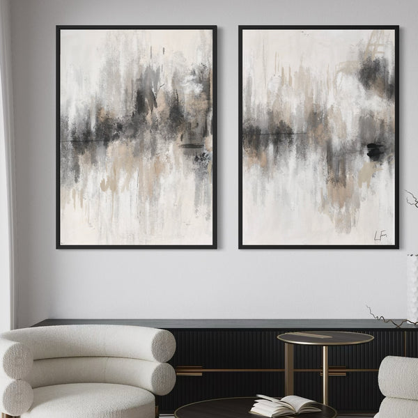 Minimalist Wall Art Style Styled With A Cream Curved Lounge Chair, Black Ribbed Sideboard, And A Round Black Accent Table. Perfect For A Chic Contemporary Living Room.