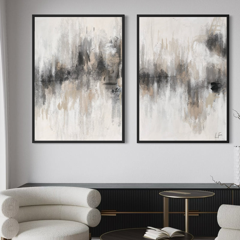 Minimalist Wall Art Style Styled With A Cream Curved Lounge Chair, Black Ribbed Sideboard, And A Round Black Accent Table. Perfect For A Chic Contemporary Living Room.