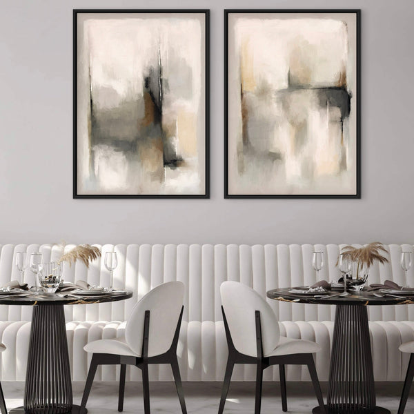 Modern Minimal Wall Art Style Styled With A Soft Cream Channel-Tufted Banquette, Black Round Dining Tables, And Elegant White Chairs. Perfect For A Chic Contemporary Dining Room.