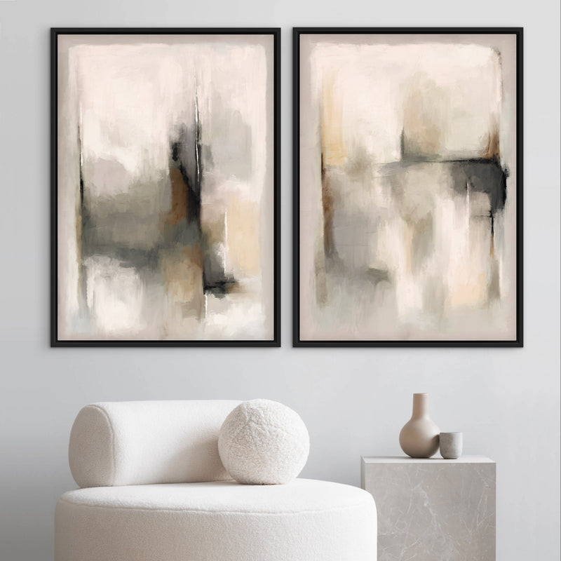 Modern Interior Wall Art Style Styled With A Cream Bouclé Chair, Marble Pedestal Side Table, And Minimal Ceramic Decor. Perfect For A Calm Contemporary Living Room.