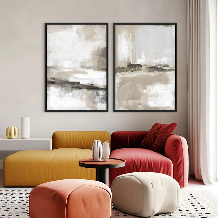 Modern Minimal Style Wall Art Styled With A Mustard Chaise, Red Accent Sofa, Soft Cream Pouf, And Ceramic Decor. Perfect For A Contemporary Living Room.