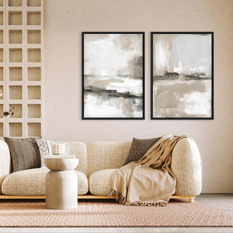 Modern Minimal Style Wall Art Styled With A Textured Cream Sofa, Patterned Pillows, Tan Throw Blanket, And A Sculptural Stone Side Table. Perfect For A Cozy Minimalist Living Room.