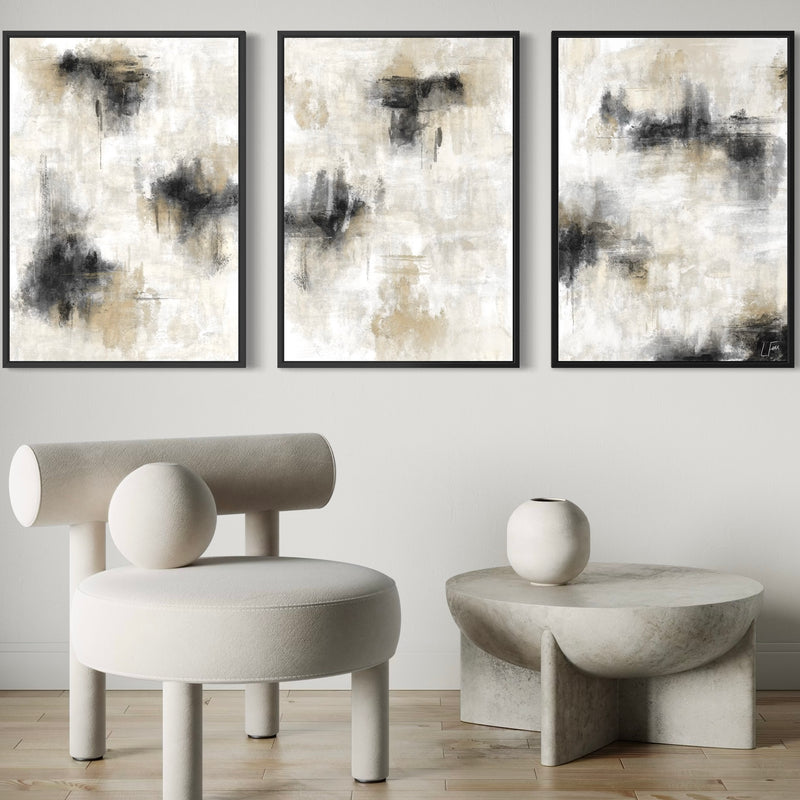Modern Minimalist Abstract Wall Art Styled With A Modern Cream Accent Chair And Stone Round Side Table. Perfect For A Minimalist Living Room.