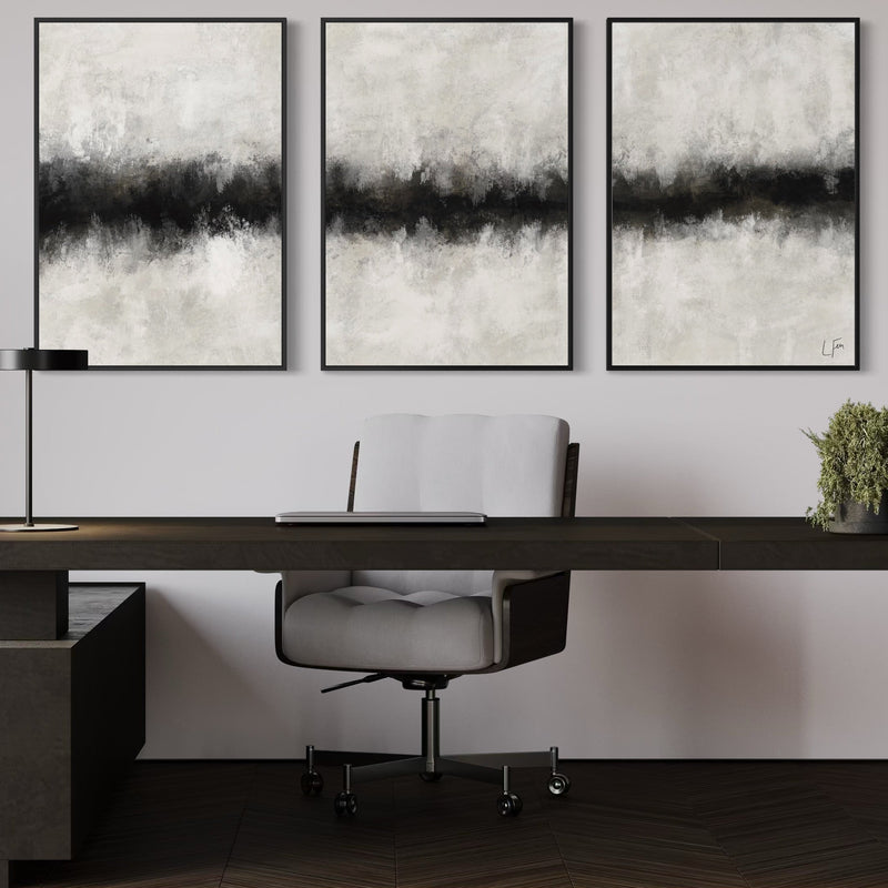 Modern Minimalist Abstract Wall Art Styled With A Dark Wood Executive Desk, Grey Upholstered Office Chair, And Sleek Black Desk Lamp. Perfect For A Contemporary Home Office.