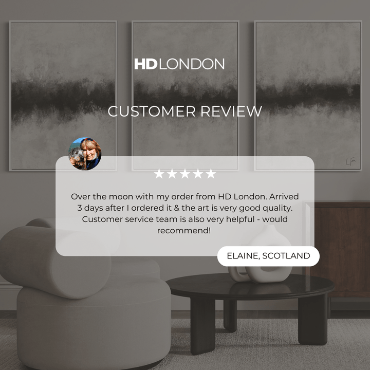 Client Review For Modern Minimalist Abstract Wall Art Styled With A Curved Cream Lounge Chair, Black Round Coffee Table, And Sculptural Ceramic Decor. Perfect For A Contemporary Living Room.