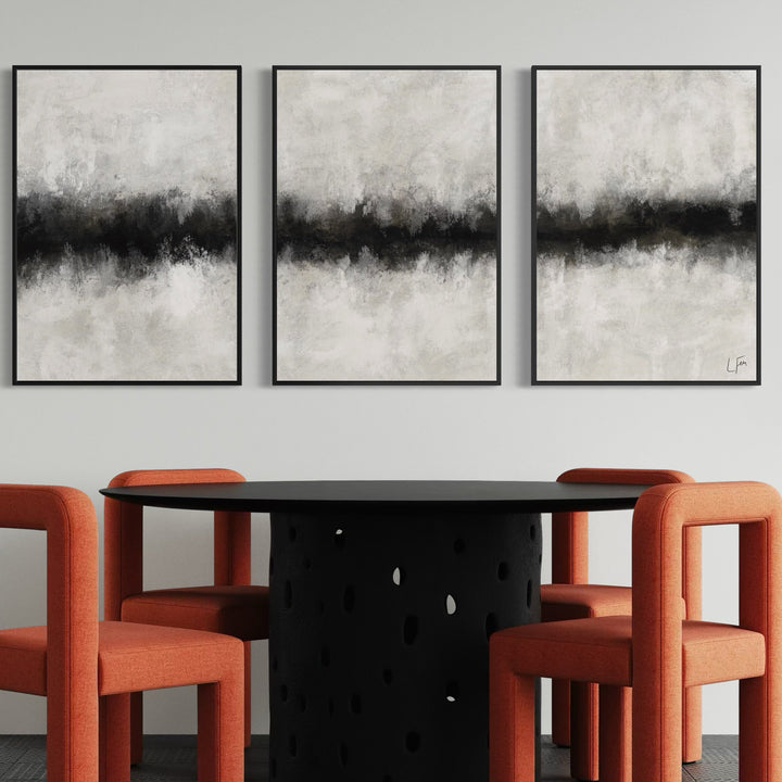Modern Minimalist Abstract Wall Art Styled With Bold Orange Upholstered Dining Chairs And A Sculptural Black Round Table. Perfect For A Contemporary Dining Room.