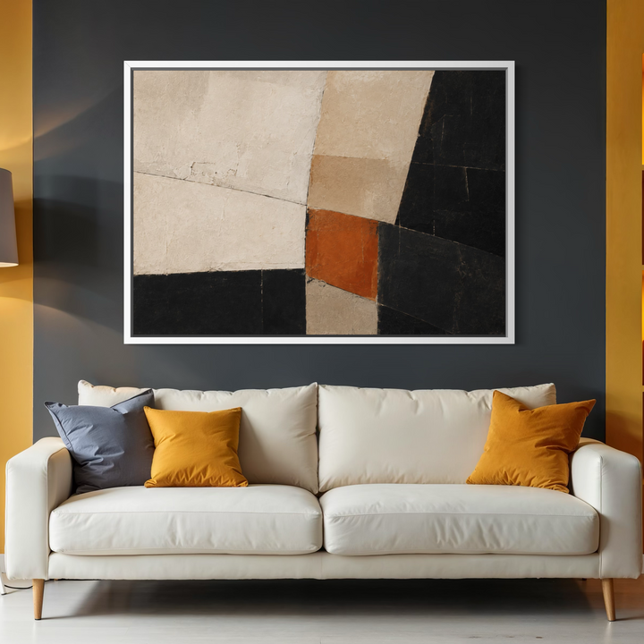 Oblique Ember framed canvas above a luxury sofa