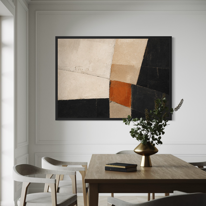 Oblique Ember framed canvas in an elegant dining room