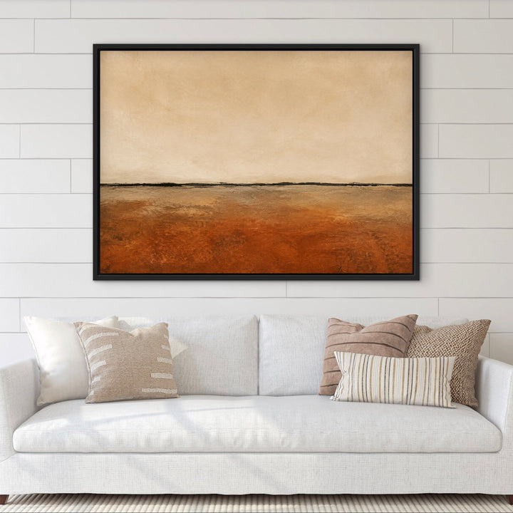 Ochre Horizon framed canvas styled above a neutral sofa