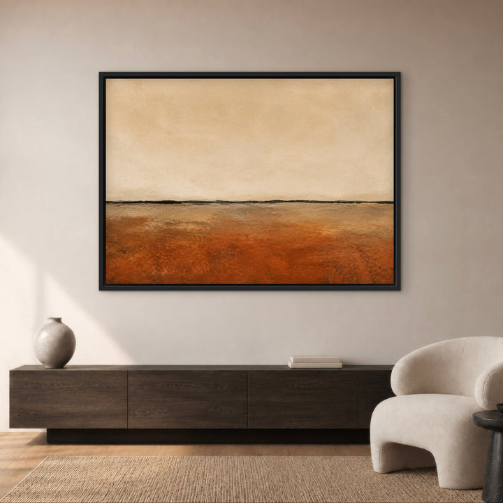 Ochre Horizon minimalist textured landscape canvas above a dark wood console