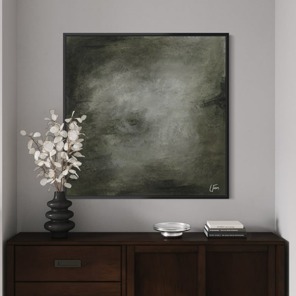 Elegant Abstract Wall Art Decor Styled With A Dark Wood Console, Sculptural Black Vase, And Neutral Decorative Books. Perfect For A Contemporary Living Room.