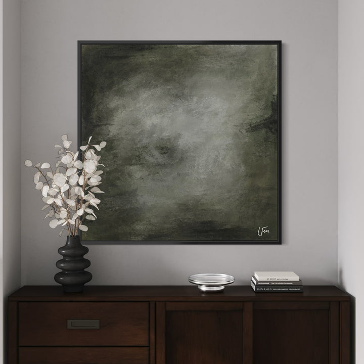 Elegant Abstract Wall Art Decor Styled With A Dark Wood Console, Sculptural Black Vase, And Neutral Decorative Books. Perfect For A Contemporary Living Room.